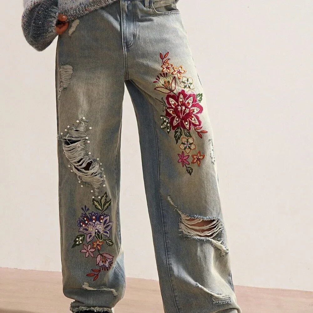 Casual Women's Boho Woven Embroidered Beaded detailed Jeans - Picture 6 of 8